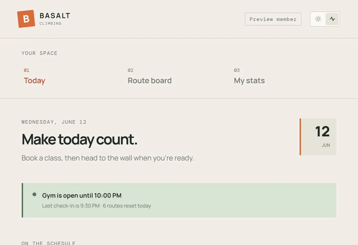 Basalt Climbing — gym members app with class booking and a route board, built by Builvio