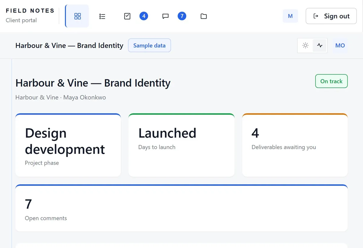Client portal — project status, approvals and comments, built by Builvio
