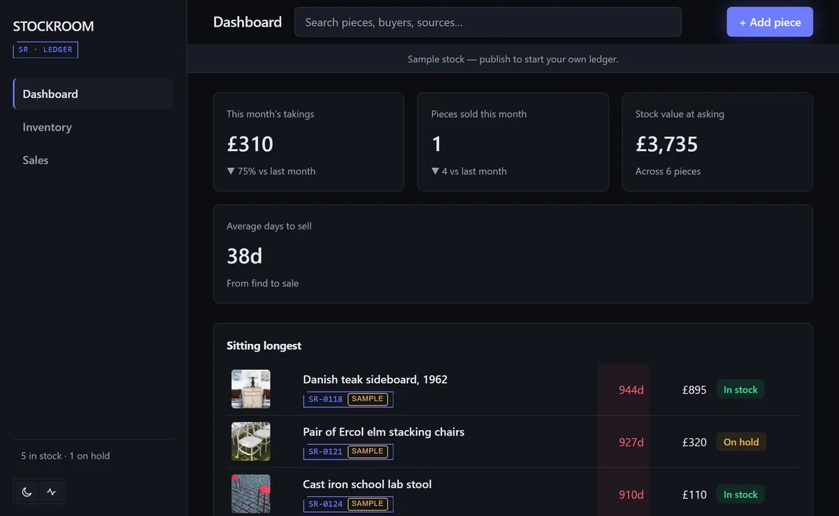 Stockroom — inventory app for a vintage furniture shop with stock status, a sales log and a dashboard, built by Builvio
